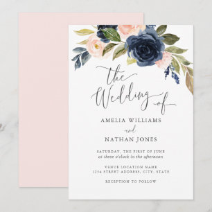 Blush Navy Waterverf Bloem Krans Trouwen Kaart