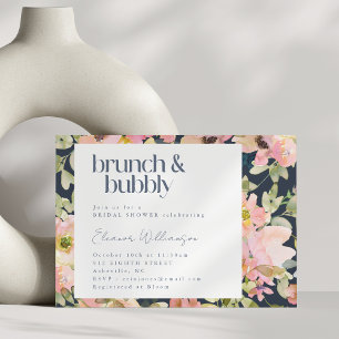 Blush Navy Waterverf Bloemen Brunch Bubbly Bridal Kaart