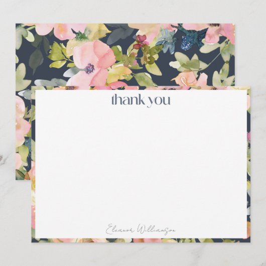 Blush Navy Waterverf Floral Custom Vrijgezellenfee Bedankkaart (Voorkant / Achterkant)