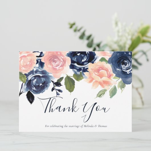 Blush & Navy Waterverf Flowers Wedding of Event Bedankkaart (Staand voorkant)
