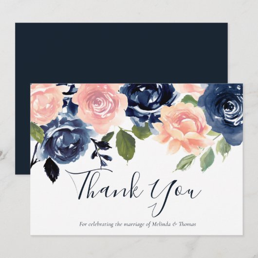 Blush & Navy Waterverf Flowers Wedding of Event Bedankkaart (Voorkant / Achterkant)