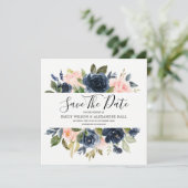 Blush & Navy Waterverf Flowers Wedding Save The Date (Staand voorkant)