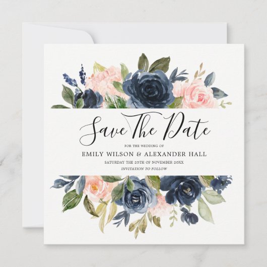 Blush & Navy Waterverf Flowers Wedding Save The Date (Voorkant)