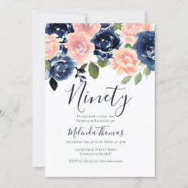 Blush & Navy Waterverf Ninetieth 90th Birthday Kaart