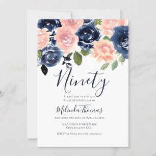 Blush & Navy Waterverf Ninetieth 90th Birthday Kaart