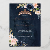 Blush Navy Waterverf Roos Gold Quinceanera Folie Uitnodiging (Voorkant)