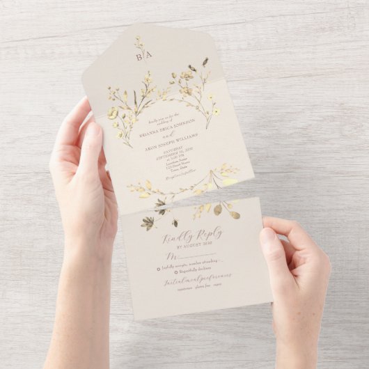 Blush Neutral Floral All-in-One Uitnodigen All In One Uitnodiging (Afscheurbaar)