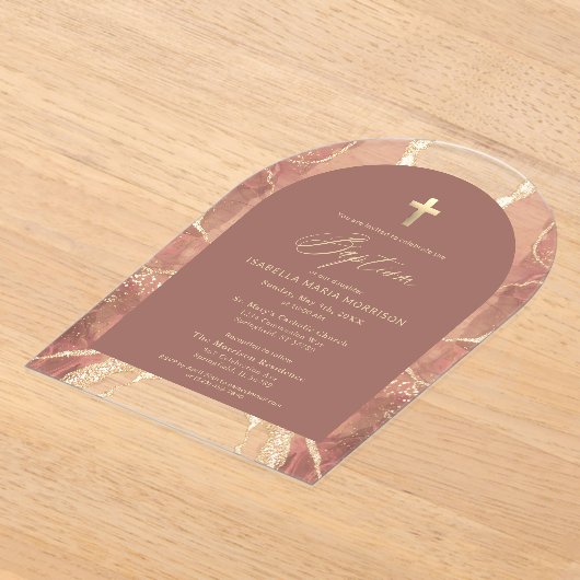 Blush Neutral Gold Agaat Doop Modern Elegant Acryl Uitnodigingen (Laagn)