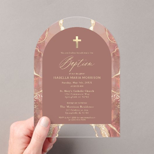 Blush Neutral Gold Agaat Doop Modern Elegant Acryl Uitnodigingen (Insitu (Draagbaar))