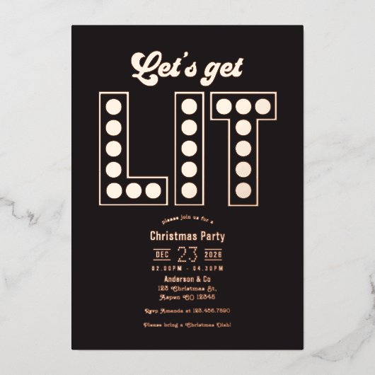 Blush Noir Let's Get Lit Retro Christmas Party Folie Uitnodiging (Voorkant)