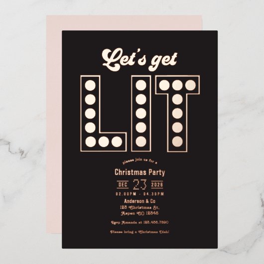Blush Noir Let's Get Lit Retro Christmas Party Folie Uitnodiging (Voorkant / Achterkant)