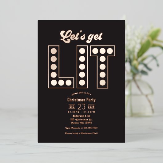 Blush Noir Let's Get Lit Retro Christmas Party Folie Uitnodiging (Staand Voorkant)