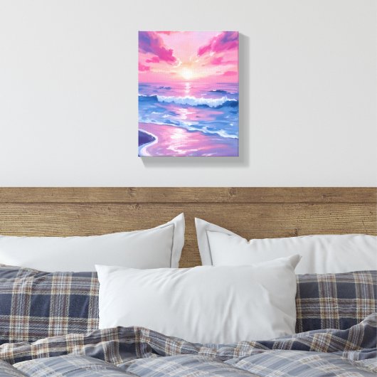 Blush Ocean Sunset Waves Watercolor Canvas Afdruk (Insitu (Slaapkamer))