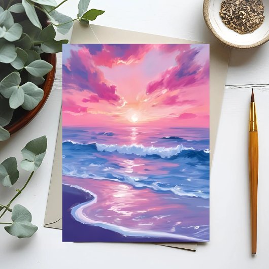 Blush Ocean Sunset Waves Waterverf Briefkaart
