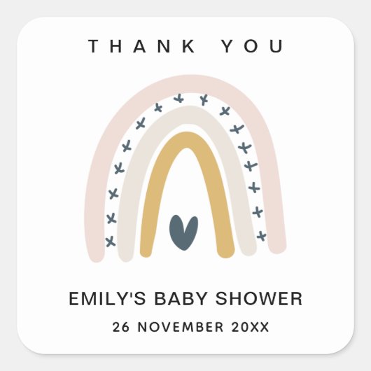 BLUSH OCHRE HEART RAINBOW BABY SHOWER DANK U VIERKANTE STICKER (Voorkant)