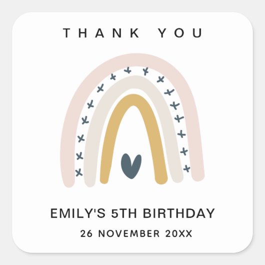 BLUSH OCHRE NAVY HEART RAINBOW BIRTHDAAG DANK U VIERKANTE STICKER (Voorkant)