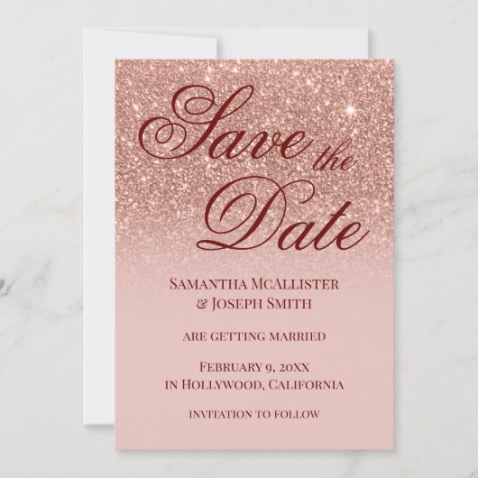 Blush Ombre Roos Gold Glitter Save the Date Kaart (Voorkant)