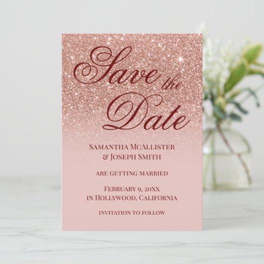 Blush Ombre Roos Gold Glitter Save the Date Kaart (Staand voorkant)
