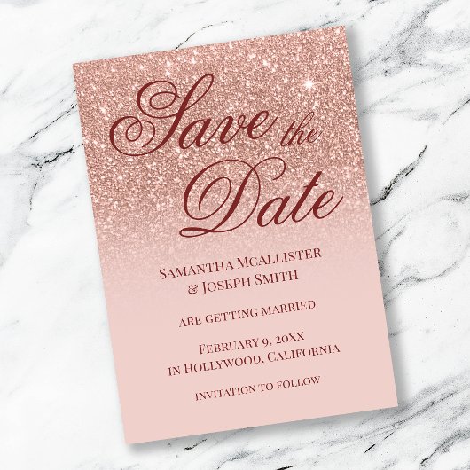 Blush Ombre Roos Gold Glitter Save the Date Kaart