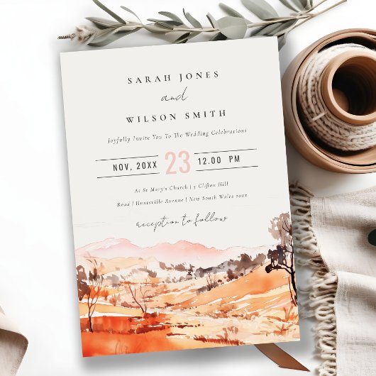 Blush Orange Watercolor Woods Mountain Wedding Kaart