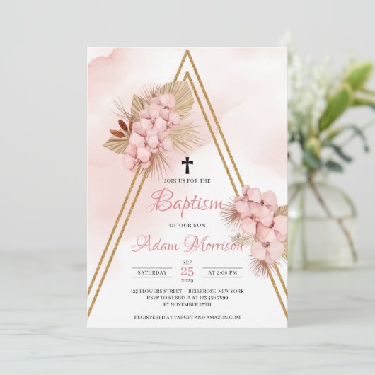 Blush orchid Dried Palm Leaves Gold Arch Baptisme Kaart (Staand voorkant)