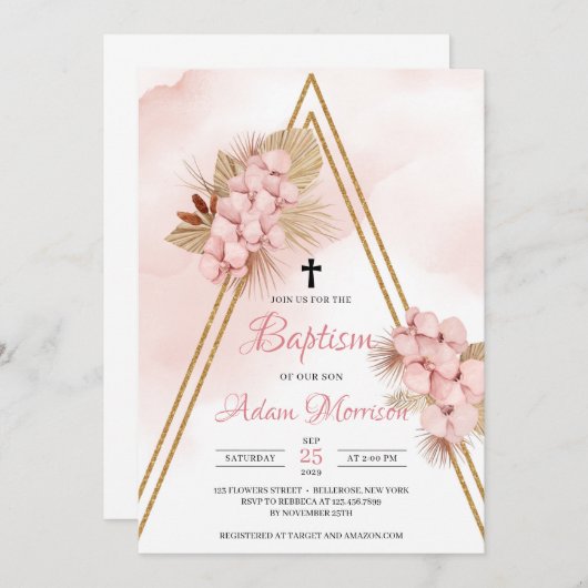 Blush orchid Dried Palm Leaves Gold Arch Baptisme Kaart (Voorkant / Achterkant)