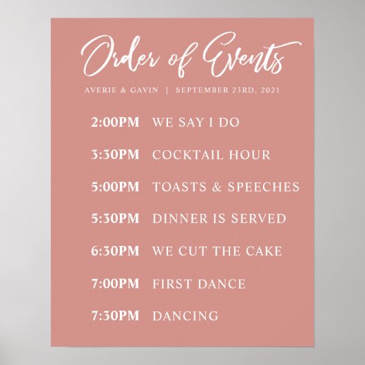 Blush Order of Events Wedding Day Schedule Poster (Voorkant)