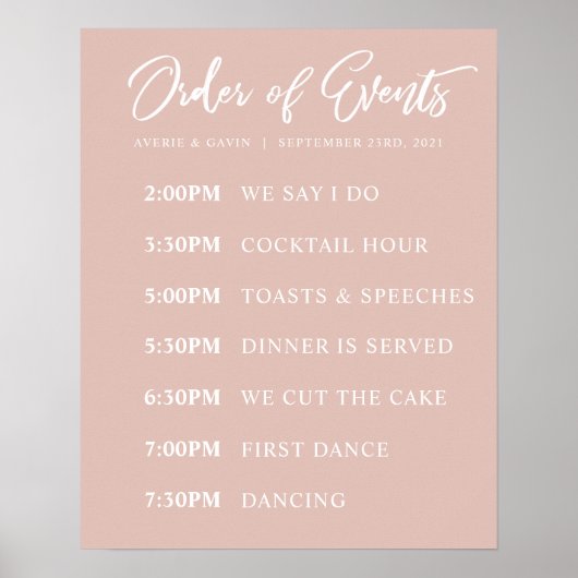 Blush Order of Events Wedding Day Schedule Poster (Voorkant)
