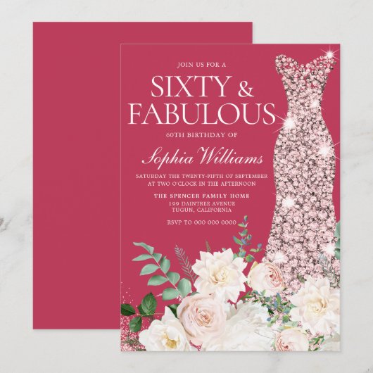 Blush & ory, Roos Gold en magenta 60e verjaardag Kaart (Voorkant / Achterkant)