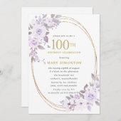 Blush Paars Roos Floral 100th Birthday Party Kaart (Voorkant / Achterkant)