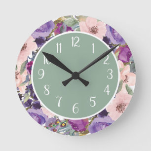 Blush Paars Waterverf Floral Sage Green Ronde Klok