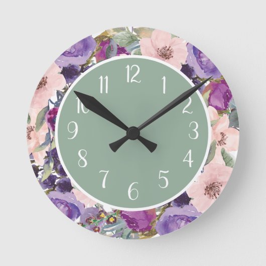 Blush Paars Waterverf Floral Sage Green Ronde Klok (Voorkant)