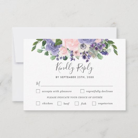Blush Paarse Bloemen Bruiloft Maaltijd Keuze RSVP  (Voorkant)