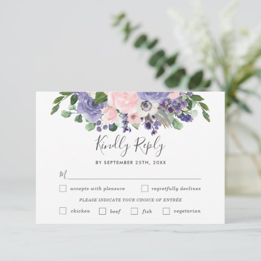 Blush Paarse Bloemen Bruiloft Maaltijd Keuze RSVP  (Staand voorkant)