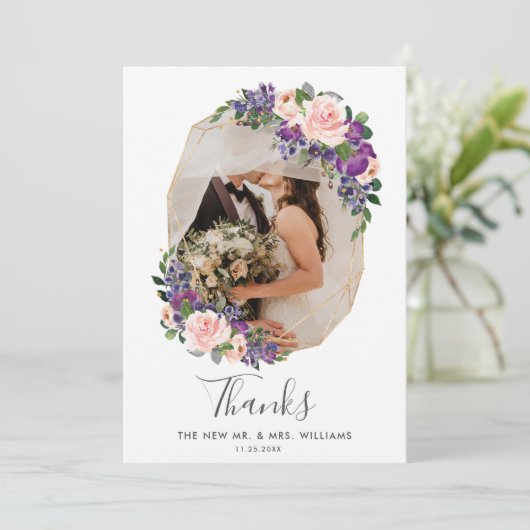 Blush Paarse Bloemen Goud Geometrische Foto Bruilo Bedankkaart (Staand voorkant)
