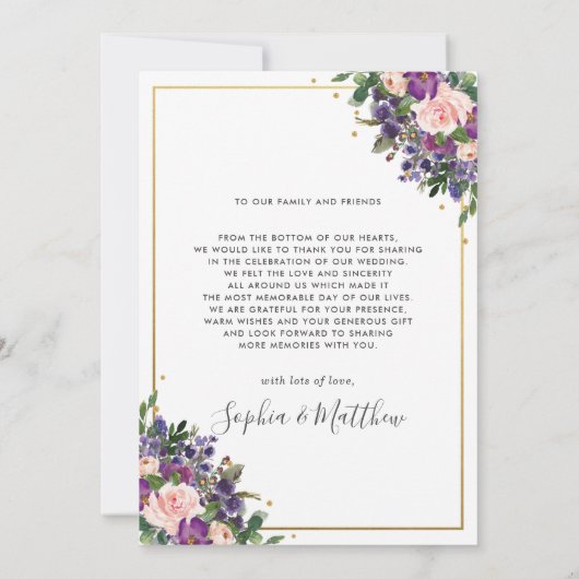 Blush Paarse Bloemen Goud Geometrische Foto Bruilo Bedankkaart (Achterkant)