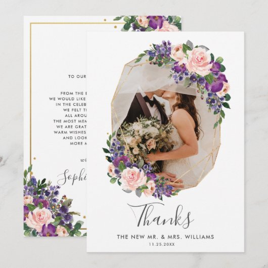 Blush Paarse Bloemen Goud Geometrische Foto Bruilo Bedankkaart (Voorkant / Achterkant)