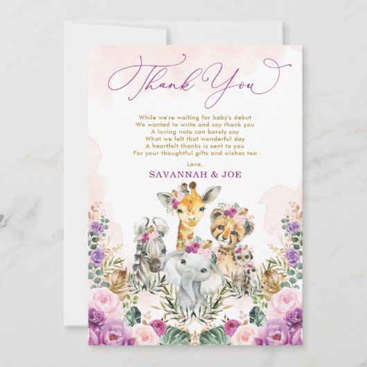 Blush Paarse Bloemen Oerwoud Safari Meisje Baby sh Bedankkaart (Voorkant)