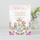 Blush Paarse Bloemen Oerwoud Safari Meisje Baby sh Bedankkaart (Staand voorkant)