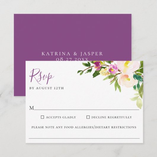 Blush Paarse Bloemen Trouwvoeding Allergie RSVP Ca (Voorkant / Achterkant)
