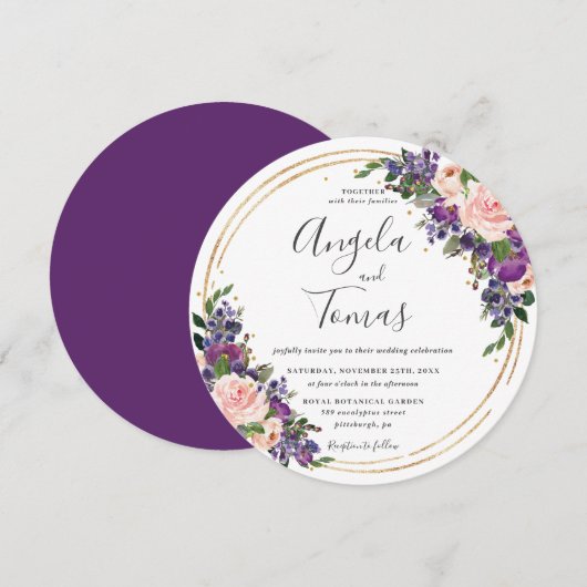 Blush Paarse bloemenbruiloft gouden glitter cirkel Kaart (Voorkant / Achterkant)
