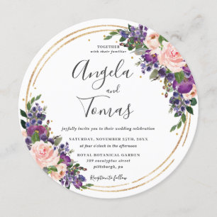 Blush Paarse bloemenbruiloft gouden glitter cirkel Kaart