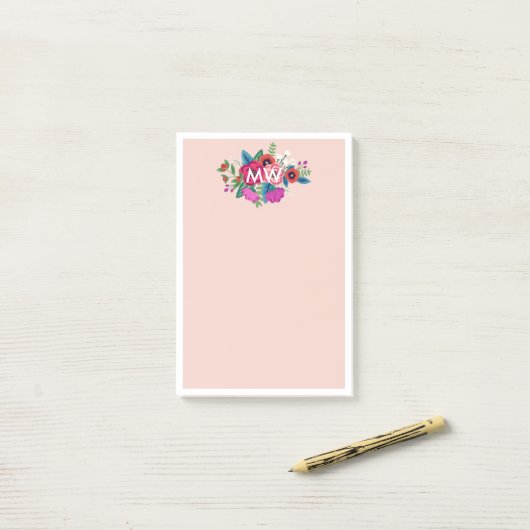 Blush Paarse Boho Bloemen Wit Monogram Post-it® Notes (Op bureau)