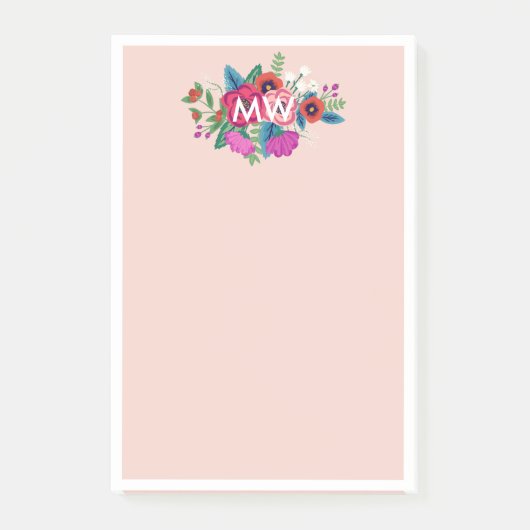 Blush Paarse Boho Bloemen Wit Monogram Post-it® Notes (Voorkant)