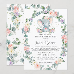 Blush Paarse Floral Elephant Baby shower door Mail Kaart