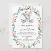 Blush Paarse Floral Elephant Baby shower per post Kaart (Voorkant)
