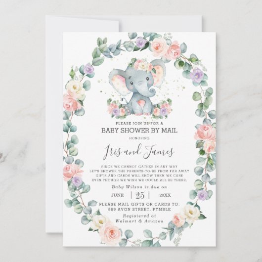 Blush Paarse Floral Elephant Baby shower per post Kaart (Voorkant)