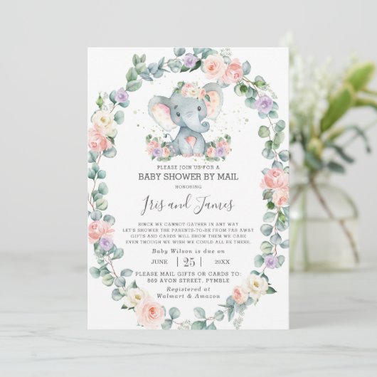 Blush Paarse Floral Elephant Baby shower per post Kaart (Staand voorkant)