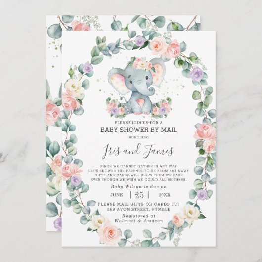 Blush Paarse Floral Elephant Baby shower per post Kaart (Voorkant / Achterkant)