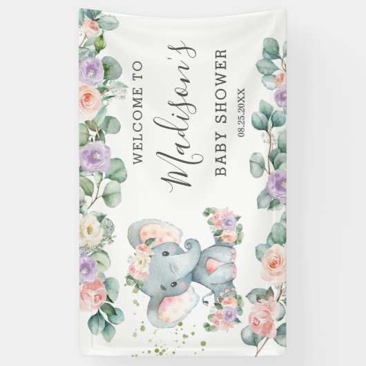 Blush Paarse Floral Elephant Baby shower Welkom Spandoek (Verticaal)